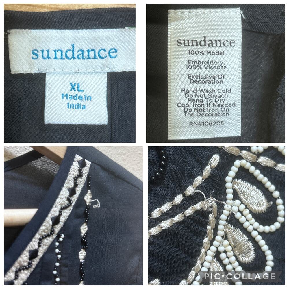 Sundance Embroidered Boho Top XL Black Beaded Peasant Blouse Festival Cottage - Picture 6 of 6